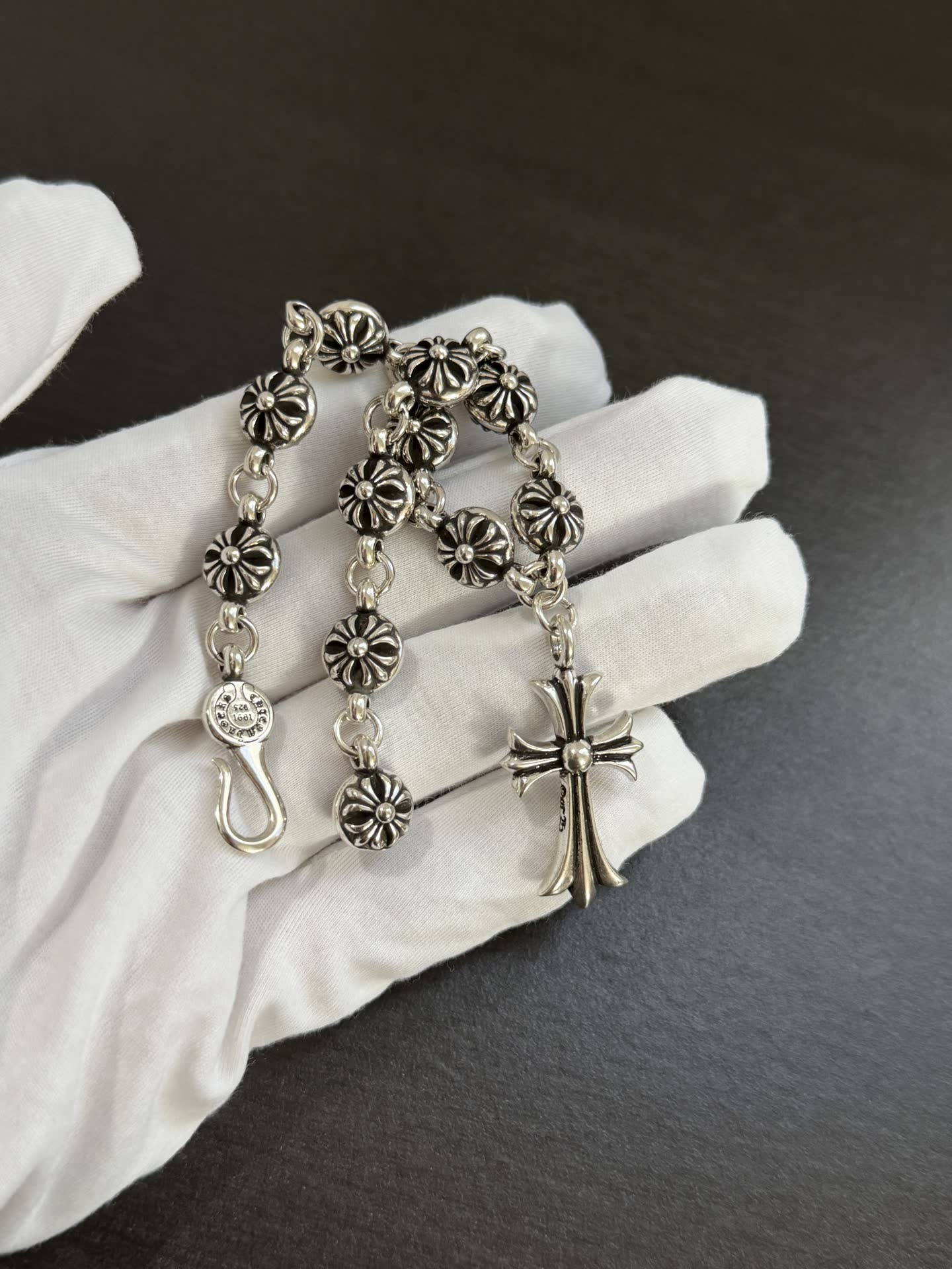 Chrome Hearts Silver Rosary Bracelet with Cross